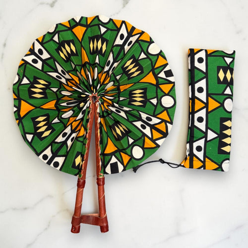 African Hand fan - Ankara print Hand fan - Green Yellow Asare