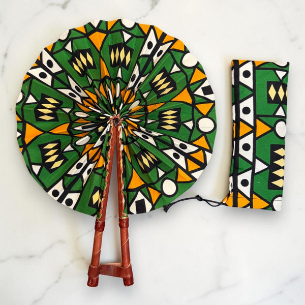African Hand fan - Ankara print Hand fan - Green Yellow Asare