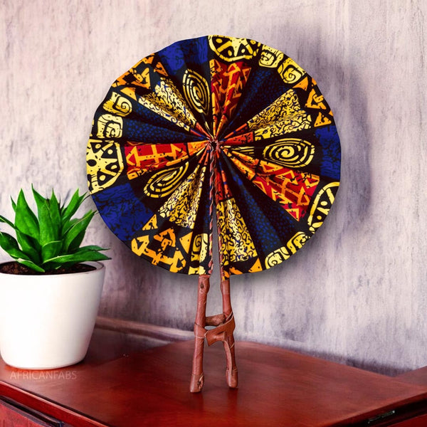 African Hand fan - Ankara print Hand fan - Kwame - Blue / yellow