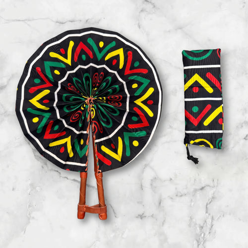 African Hand fan - Ankara print Hand fan - Black Yellow Aderonke