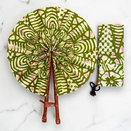 African Hand fan - Ankara print Hand fan - Olive Cream Bediako