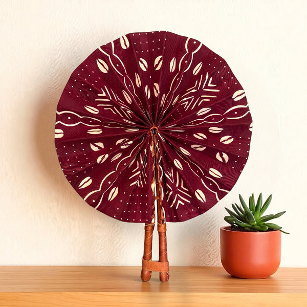 African Hand fan - Ankara print Hand fan - Burgundy Cream Ayodele