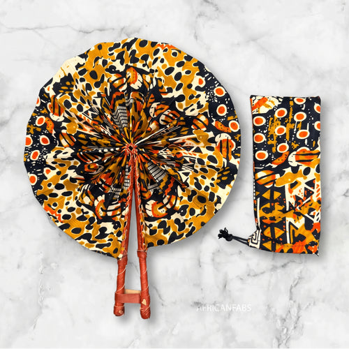African Hand fan - Ankara print Hand fan - Black Cream Bukola
