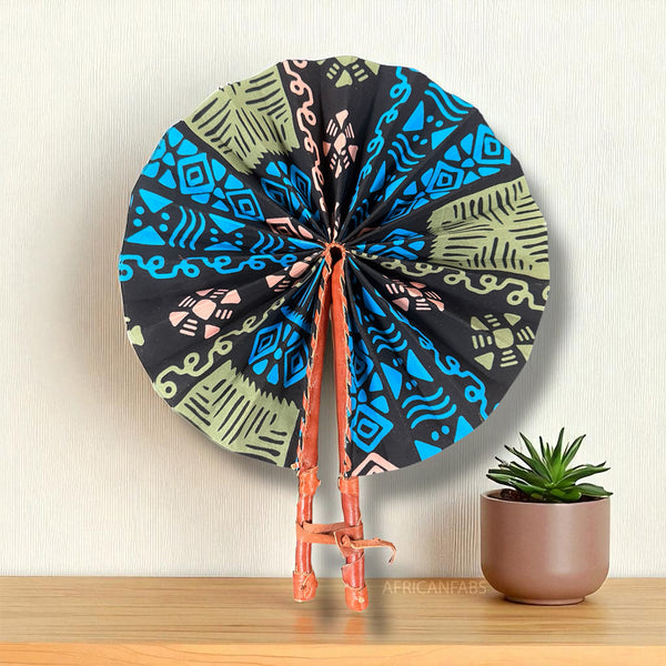 African Hand fan - Ankara print Hand fan - Monday - Blue