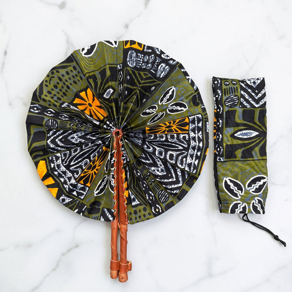 African Hand fan - Ankara print Hand fan - Olive Black Eniola