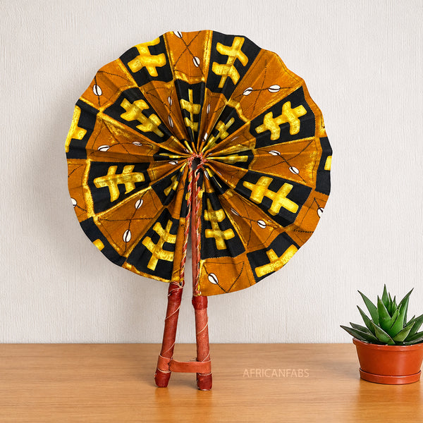 African Hand fan - Ankara print Hand fan - Mustard Black Opoku