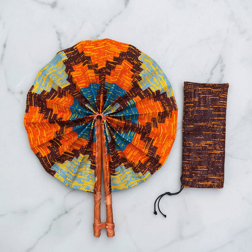 African Hand fan - Ankara print Hand fan - Brown Orange Enitan