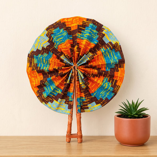 African Hand fan - Ankara print Hand fan - Brown Orange Enitan