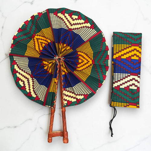African Hand fan - Ankara print Hand fan - Blue Yellow Frimpong