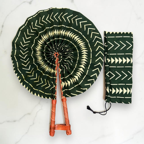 African Hand fan - Ankara print Hand fan - Green Cream Amponsah