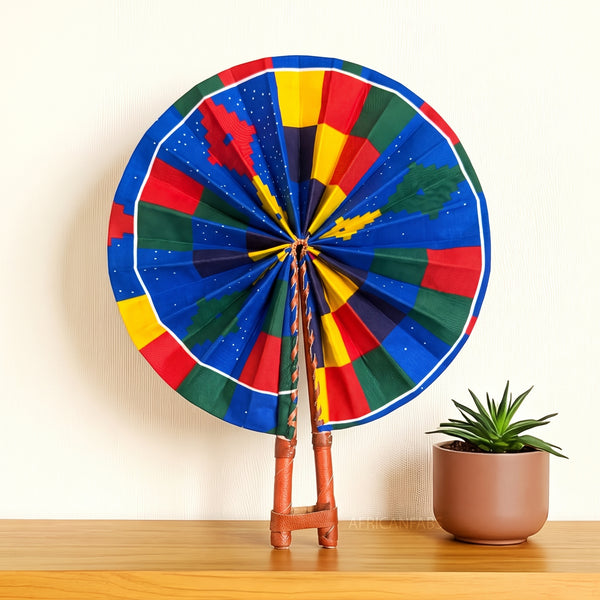 African Hand fan - Ankara print Hand fan - Blue Red Ife