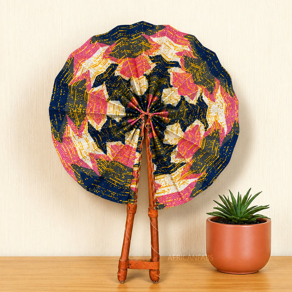 African Hand fan - Ankara print Hand fan - Pink Blue Ankomah