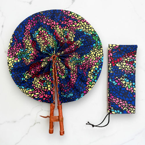 African Hand fan - Ankara print Hand fan - Blue Pink Mensah
