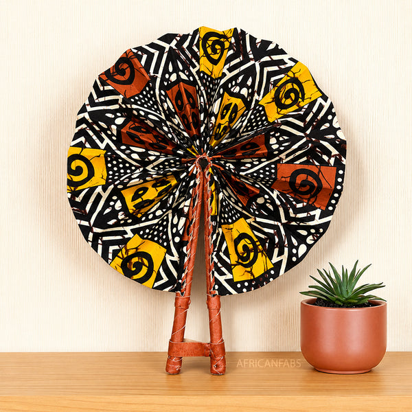African Hand fan - Ankara print Hand fan - Mustard Brown Aidoo