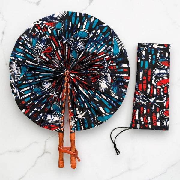 African Hand fan - Ankara print Hand fan - Blue Red Quartey