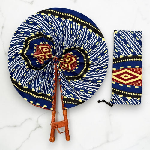 African Hand fan - Ankara print Hand fan - Blue Cream Afful