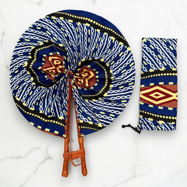 African Hand fan - Ankara print Hand fan - Blue Cream Afful