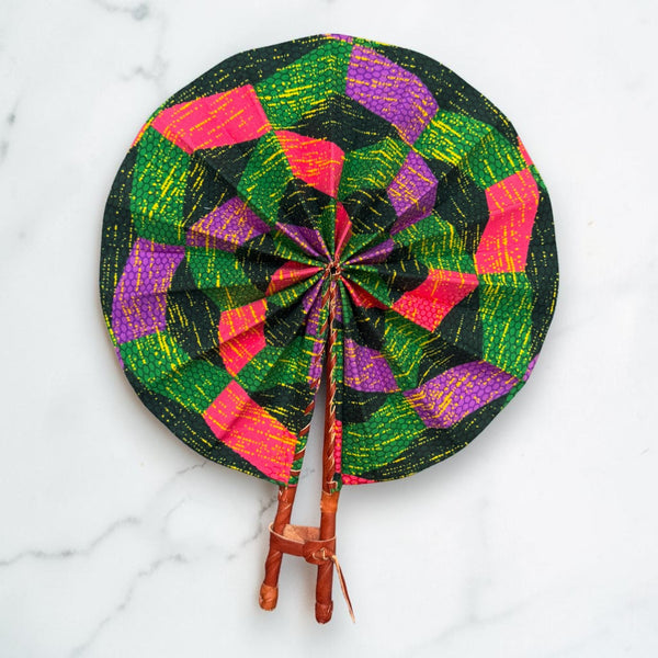 African Hand fan - Ankara print Hand fan - Orange Green Akuffo