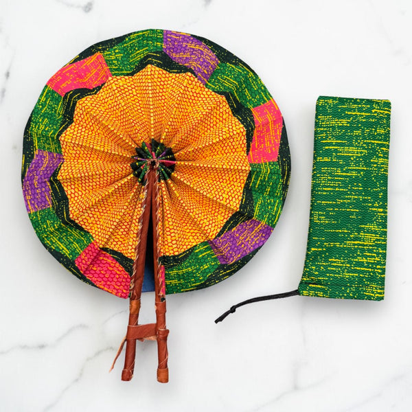 African Hand fan - Ankara print Hand fan - Orange Green Akuffo