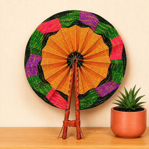 African Hand fan - Ankara print Hand fan - Orange Green Akuffo