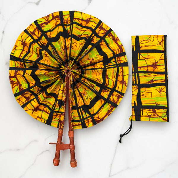 African Hand fan - Ankara print Hand fan - Yellow Black Koranteng