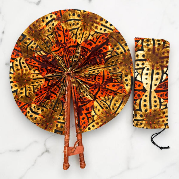 African Hand fan - Ankara print Hand fan - Orange Cream Bonsu