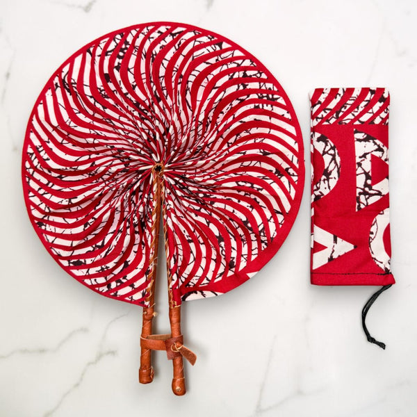 African Hand fan - Ankara print Hand fan - Red White Ansong