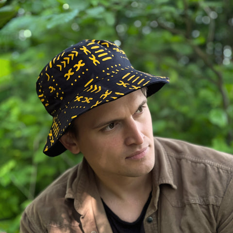 Bucket hat / Fisherman hat with African print - Black / yellow mud - Kids & Adults sizes (Unisex)