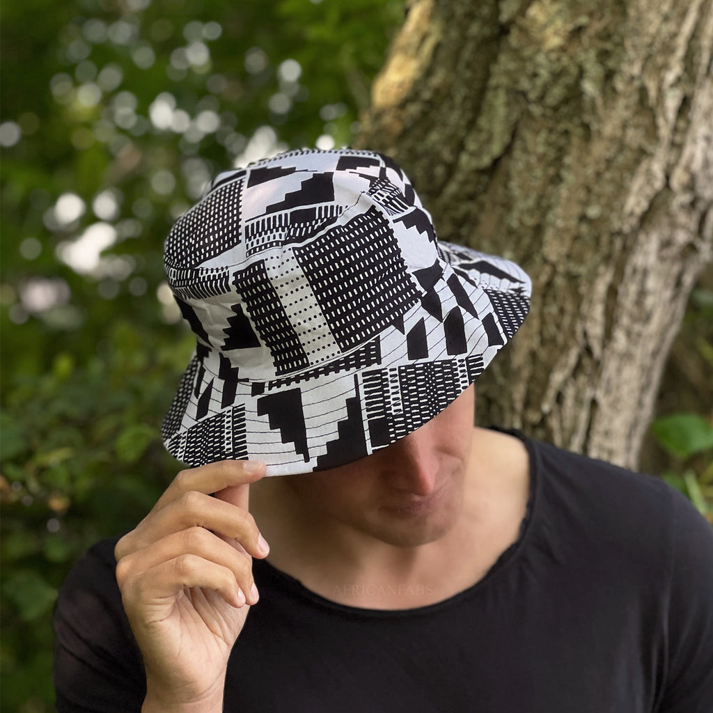 Bucket hat Fisherman hat with African print Black white
