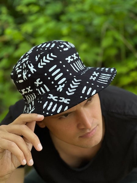Bucket hat / Fisherman hat with African print - Black White Bogolan - Kids (Unisex)