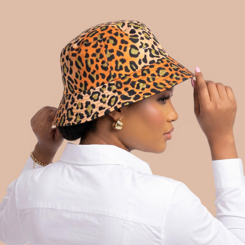 Bucket hat / Fisherman hat with African print - Orange Peach Leopard Spots - Kids & Adults sizes (Unisex)