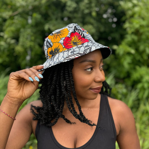 Bucket hat / Fisherman hat with African print - Light Grey Flowers - Kids & Adults sizes (Unisex)