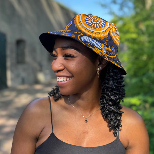Bucket hat / Fisherman hat with African print - Navy blue Yellow Paisley - Kids & Adults sizes (Unisex)