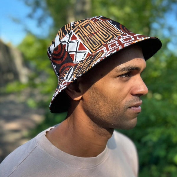 Bucket hat / Fisherman hat with African print - Brown Bogolan Mosaic - Kids & Adults sizes (Unisex)