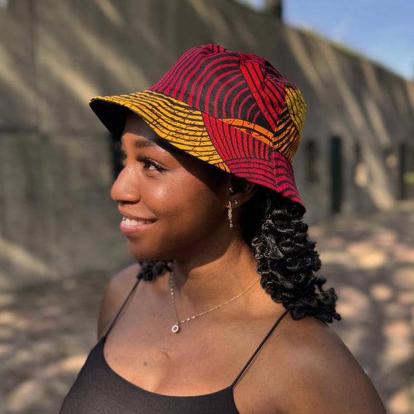 Bucket hat / Fisherman hat with African print - Red & Yellow Concentric Circle Design - Kids & Adults sizes (Unisex)