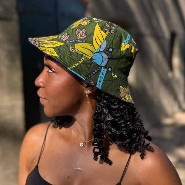 Bucket hat / Fisherman hat with African print - Dark Green & Yellow Botanical Flow - Kids & Adults sizes (Unisex)