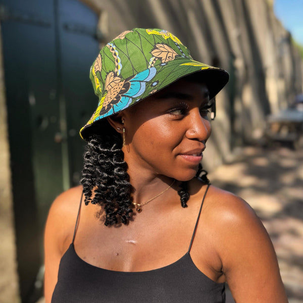 Bucket hat / Fisherman hat with African print - Dark Green & Yellow Botanical Flow - Kids & Adults sizes (Unisex)