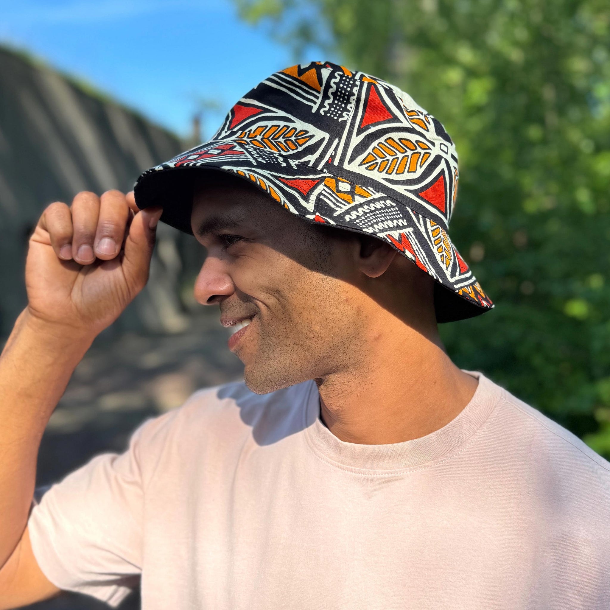 Bucket hat / Fisherman hat with African print - Red & Orange Bogolan Symbols - Kids & Adults sizes (Unisex)