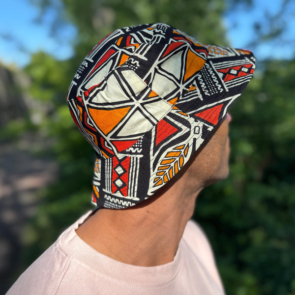 Bucket hat / Fisherman hat with African print - Red & Orange Bogolan Symbols - Kids & Adults sizes (Unisex)
