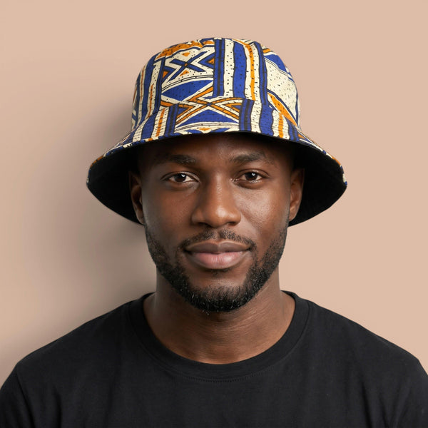 Bucket hat / Fisherman hat with African print - Blue Bogolan Heritage - Kids & Adults sizes (Unisex)