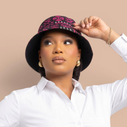Bucket hat / Fisherman hat with African print - Pink Black Bogolan Symbols - Kids & Adults sizes (Unisex)