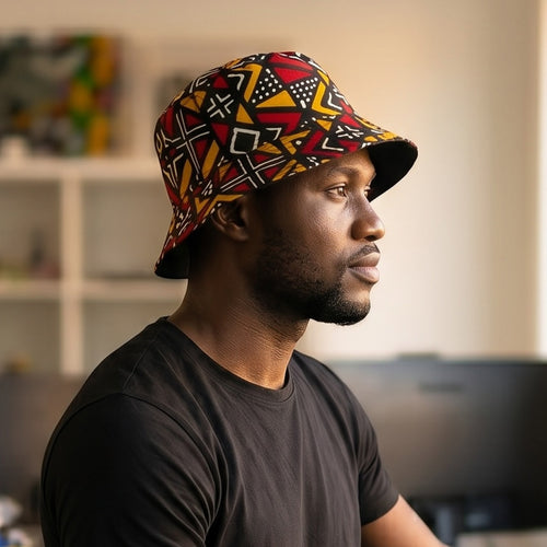 Bucket hat / Fisherman hat with African print - Red Bogolan Geometry - Kids & Adults sizes (Unisex)
