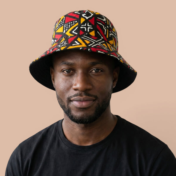 Bucket hat / Fisherman hat with African print - Red Bogolan Geometry - Kids & Adults sizes (Unisex)