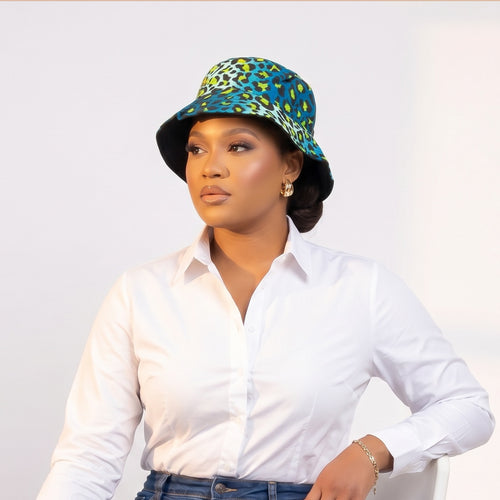 Bucket hat / Fisherman hat with African print - Turquoise Blue Leopard Spots - Kids & Adults sizes (Unisex)