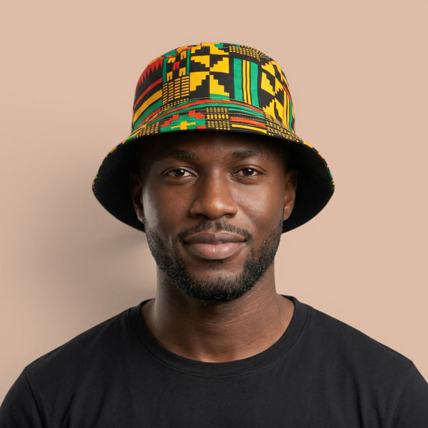 Bucket hat / Fisherman hat with African print - Black Green Kente - Kids & Adults sizes (Unisex)