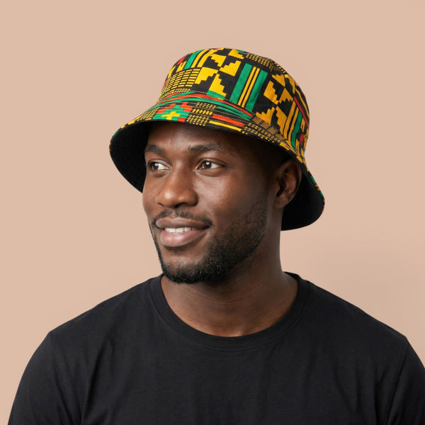 Bucket hat / Fisherman hat with African print - Black Green Kente - Kids & Adults sizes (Unisex)