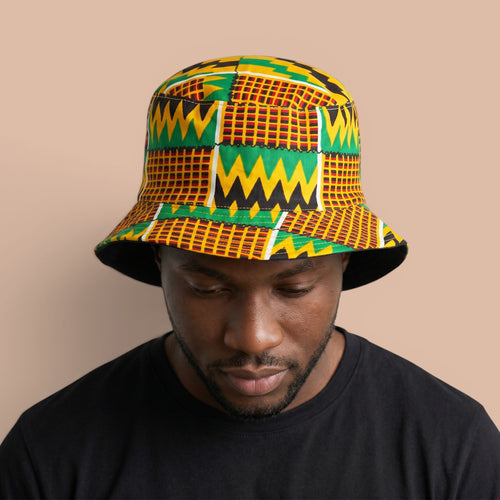 Bucket hat / Fisherman hat with African print - Green Yellow Kente - Kids & Adults sizes (Unisex)