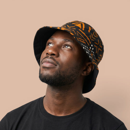 Bucket hat / Fisherman hat with African print - Black Orange Bogolan Symbols - Kids & Adults sizes (Unisex)
