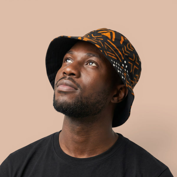 Bucket hat / Fisherman hat with African print - Black Orange Bogolan Symbols - Kids & Adults sizes (Unisex)