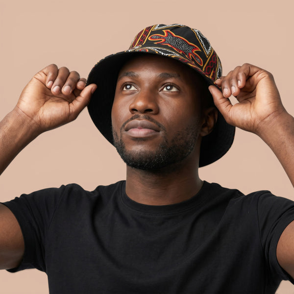 Bucket hat / Fisherman hat with African print - Black Red Toghu Bamenda Cameroon - Kids & Adults sizes (Unisex)